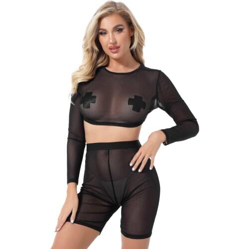 Mesh Pajamas Suit Women Sexy Fit Two-Piece Outfit Beachwear O Neck Long Sleeve Crop Top with High Waist Elastic Waistband Shorts