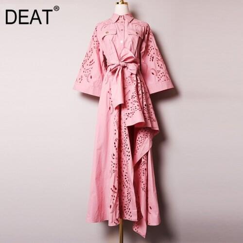 DEAT 2021 New Autumn Fashion Womens Shirt Dress Hollow Out Half Sleeve Lapel Collar High Quality Vintage Elegant Slim TX486