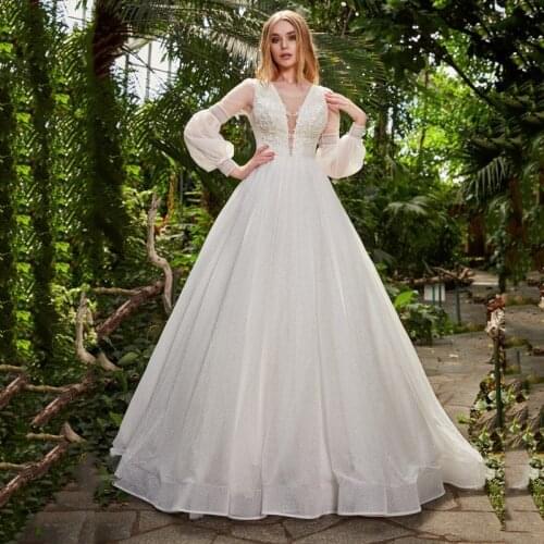 Thinyfull Elegant Boho Long Puffy Sleeve Wedding Dress O Neck Ball Gown Court Train Bridal Gown Lace Applique Vestido De Novia