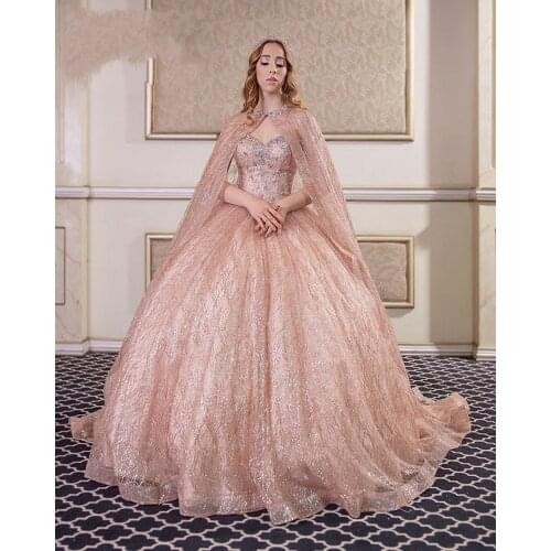 2020 Champagne Paillette Evening Clothing with pearls sleeves Ballgown Sweet 16-piece Vestidos 15-year-old quinceanera
