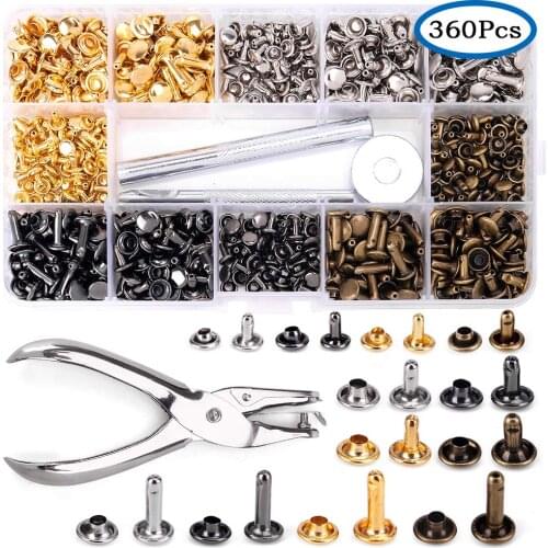 360 sets of leather rivets, double cap rivets, tubular metal studs, 3 piece set tool kit, leather craft repair decoration (3 siz