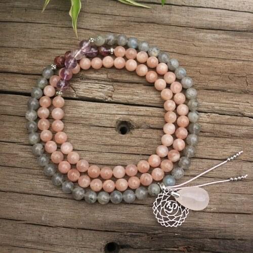 8mm Natural Stone Bead,Amethyst Ghost,Labradorite,Sunstone,Power,Chakra,JapaMala Sets,Spiritual Jewelry,Meditation,108 Mala Bead