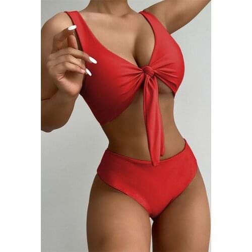 Bandage Bikini 2021 Solid Color Swimwear Women Swimsuit Knot Hollow Out Bathing Suit Mid Waist Bikini Sets Padded Push Up Badpak