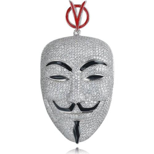 Iced Out Chain 18K Gold Plated Bling CZ Simulated Diamond V-vendetta Same Mask Pendant Mens Hip Hop Necklace Jewelry