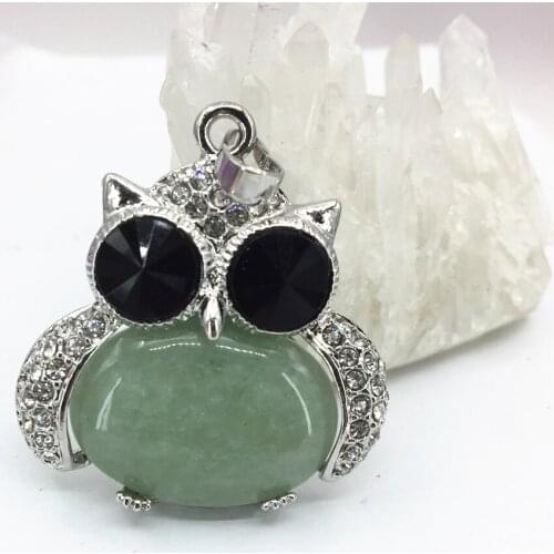 Green aventurine stone chalcedony animal design owl pendant 33*35mm crystal inlay charms women silver-color fashion jewels B3066