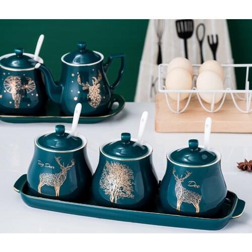 Nordic light luxury ceramic sugar bowl set seasoning pot household salt shaker Oil Vinegar Pot kitchen supplies Storage tank