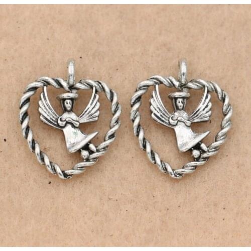 KJjewel Antique Silver Plated Heart Wings Charms Pendants for Jewelry Making Bracelet Accessories Diy Findings 18x16mm 10pcs/lot