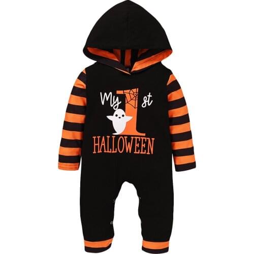 Baby Newborn Girls Boys Ist Halloween Hooded Romper Infant Toddler Children Long Sleeve Striped Letter Romper Jumpsuits 0-18M