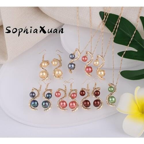 SophiaXuan Hawaiian Fashion Jewelry Sets Trendy Polynesian Gold Plated Colorful Pearl Earrings and Necklaces Set for Women Party
