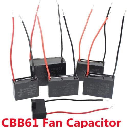 Capacitor CBB61 Fan 0.8 1 1.2 1.5 1.8 2 2.5 3 3.5 4 4.5 5 6 7 8 10 12 15 18 20uF Ceiling Fan Motor Running Rectangle Capacitor