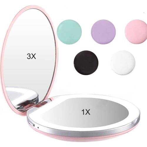 Mini Pocket Mirror with Led Light Travel Portable Round Foldable Compact Pocket Mirror 1X 3X Magnifying Cosmetic Led Mirrors