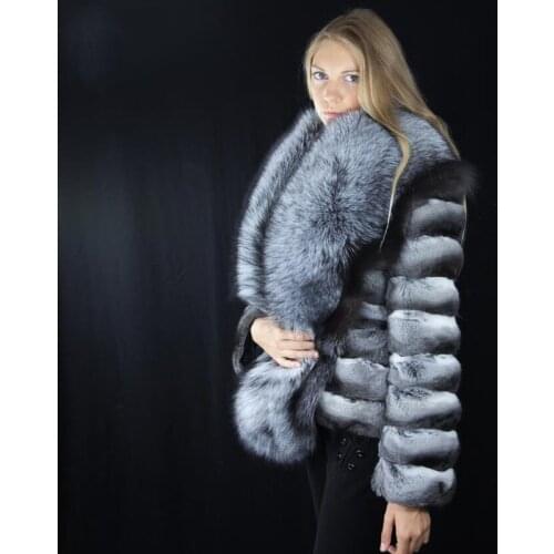 FURSARCAR Fashion Women Natural Rex Rabbit Fur Coat With Big Silver Fox Fur Collar Winter Thick Warm Female Real Fur Coat