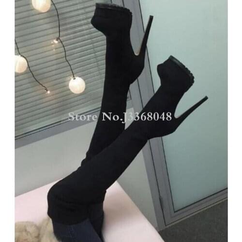Fashion Female Black Suede Long Boots Platform Heel Elegant Autumn Women Over-the-knee Boots Concise Design Model Catwalks Shoes