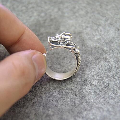S925 Sterling Silver Open Ended Male Retro National Style Dragon Head Jewelry Thai Silver Personality Ring