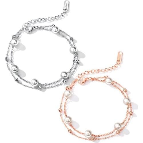 Stainless Steel Delicate Pearl Bead White Rose Gold Bracelet Bangle Women Minimalism Multilayer Pearl Jewelry Gift For Him