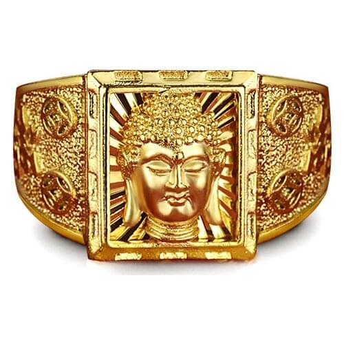 New Mens 18K Gold Ring Buddha Finger Ring Cuff Buddha Head Carved Ring Buddhist Jewelry Gift