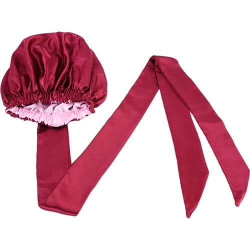 Solid color Satin Bonnet Double Layer Soft Headwrap with Long Belt Sleep Cap Women Turban