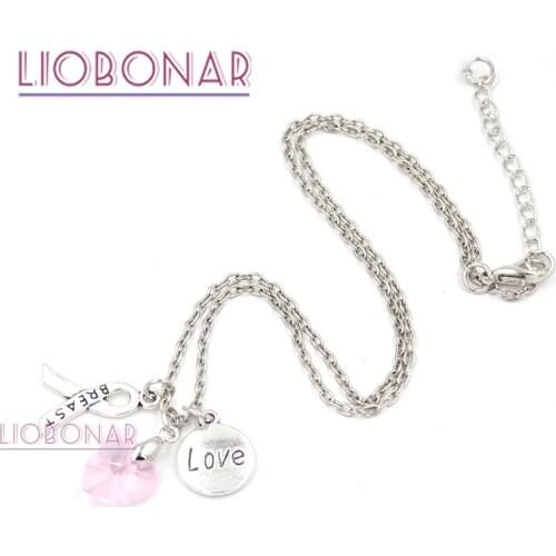 10PCS/LOT Wholesale Breast Cancer Awareness Pink Ribbon Jewelry Necklace, Pink Heart Love Charm Pendant Necklace Collar