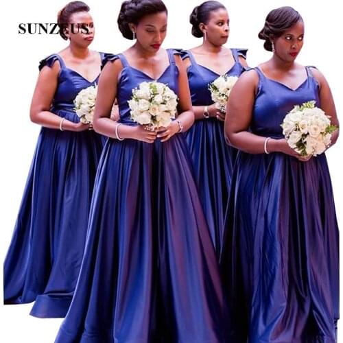 A-line Sweetheart Straps Navy Blue Bridesmaids Dress Simple Elegant Satin Formal Long Dress African Women Wedding Party Gown