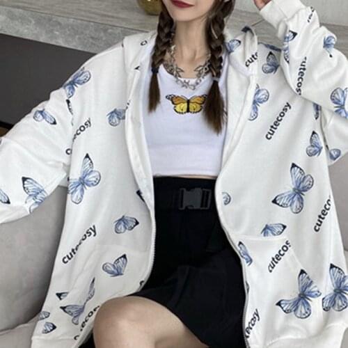 Butterfly Print Zipper Casual grunge Streetwear Harajuku y2k Oversized hoodie Winter Long Sleeve Kawaii Women sweetshirts Top