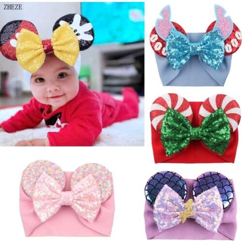 2021 Sequins Mouse Ears Baby Headband Glitter Waffle Bows Headwrap Children DIY Festival Accessories Kids Halloween Headwear