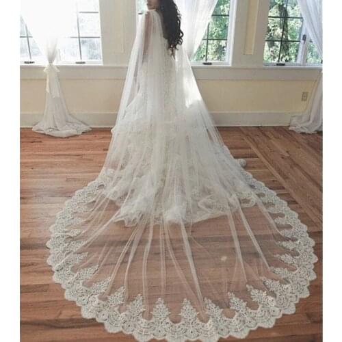 Real Photos Long Lace Wedding Cape 3.5 Meters Wedding Bolero White Ivory Bridal Cape Shoulder Veils for Bride Dresses