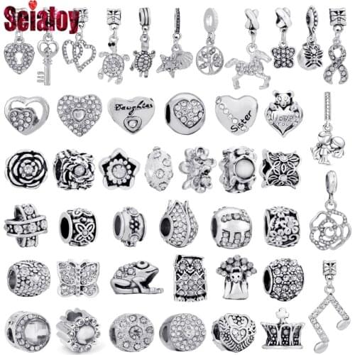 Seialoy 2pcs Silver Color Rhinestone Flower & heart lock key Pendant Charm Beaded Fit Brand Charms Bracelets DIY Jewelry Making
