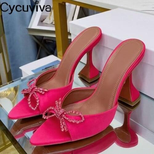 Sexy Goblet Heels Satin Peep Toe Slippers Women Shoes Slip On Crystal Bowknot Slides Party Wedding Sandalias Sexy Mules Female