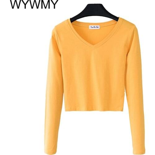 WYWMY Womens Long Sleeve T-shirts V Neck Crop Tops 2021 Spring Basic Tee Shirt Women Korean Style Cotton New Tops Short T Shirt