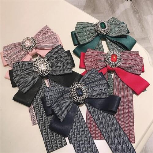 Women Girl Neck Bow Tie Bow Knot Shirt Pin Fall Vintage Plaid Leopard Striped Rhinestone Apparel Accessories Fashion Jewelry-YHE