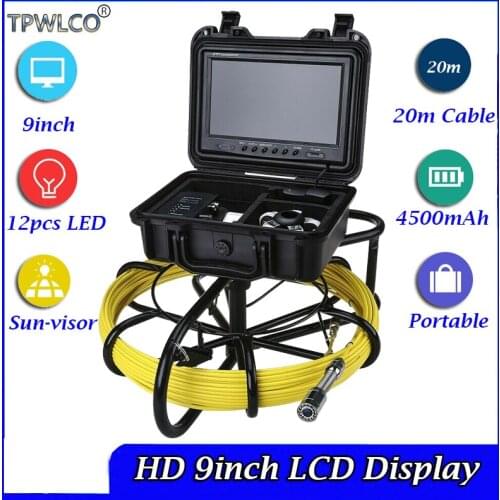 9” TFT LCD Monitor High Quality Pipe Inspection Camera System 23mm Sewer Inspection Video Camera With 12pcs White LEDS 20m