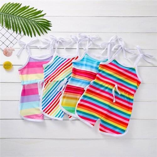 2021 Girl’s Sleeveless Jumpsuit Fashion Infant Clothes Rainbow Stripe Clothes Short Pants Toddler Baby Clothing Romper