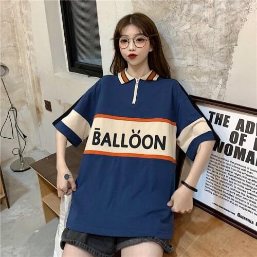 2021 summer new POLO shirt womens t-shirt retro color matching loose lapel short-sleeved shirt trendy niche design