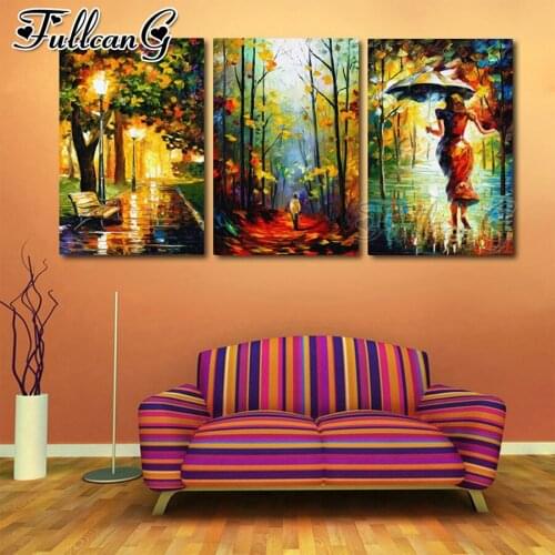 FULLCANG 5d diy diamond embroidery Rainy day abstract woman landscape diamond painting triptych full square round drill FC3291