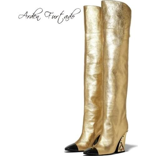 Arden Furtado Fashion Womens Shoes Pointed Toe Gold Sexy Elegant Ladies Boots pure color Wedges Pearls over the knee boots 41