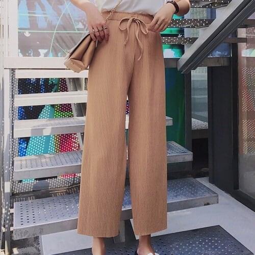 Women England Style Pleated Wild Leg Nine Chiffon Pants Female Summer Loose High Waist Breeches Drawstring Black Casual Trousers
