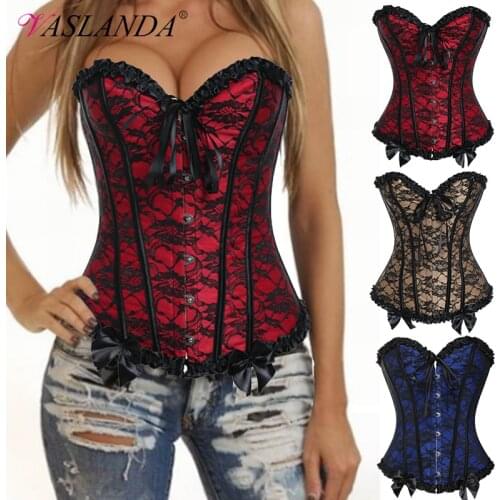 Bustiers & Corsets Floral Lace Trim Steampunk Corset Vintage Boned Overbust Bustier Waist Trainer Shapewear Top Gothic Corselet