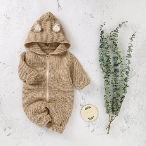 Baby Rompers Newborn Casual Hooded Long Sleeve Jumpsuits Outfits One Pieces Autumn Winter Toddler Infant Knit Zip Overalls 0-18m