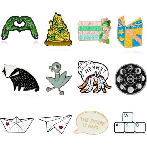 Skeleton Hand Alien pizza Enamel Brooch Badger duck hermit crab Animal Lapel Pin aircraft boat Book flower star moon badge