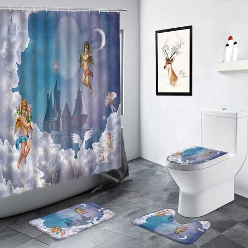 Oil Painting Little Angel Waterproof Shower Curtains Set Castle White Cloud Scenery Bathroom Non-slip Rug Bath Mats Toilet Decor