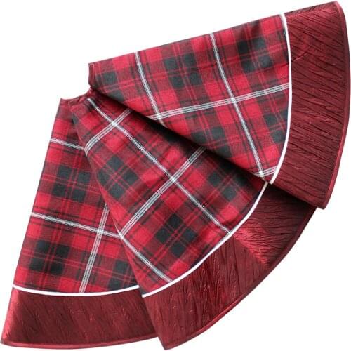 Red plaid design with Burgundy pleat faux silk border Christmas Tree Skirt-50" P2852