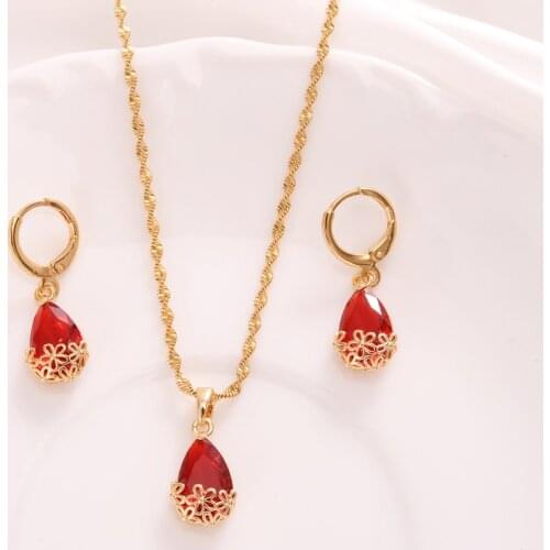 Pendant Necklace Stud Earrings Water Drop Woman 24K Fine Gold CZ Womens Jewellery Red Crystal Jewellery Set Luxury