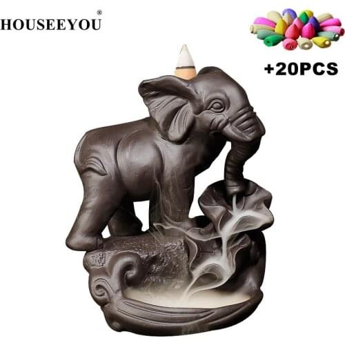 Elephant Backflow Incense Burner with 20Pcs Cones Purple Clay Censer Use In Home Office