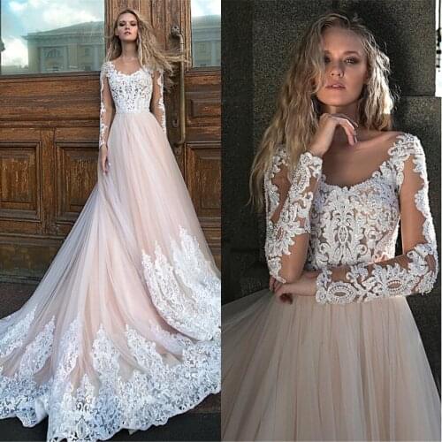 New Arrival Scoop Neckline Tulle Skirt With Applique Lace Wedding Dress Long Sleeve vestido de noiva 2021 Bridal Gowns