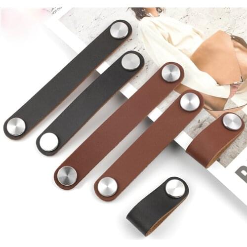 Simple European Leather Handle Single-Jack, Black Wardrobe Door Handle Drawer Cabinet Door Genuine Leather Handle and Knob Hooks