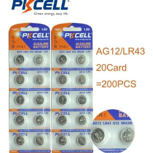 200PCS/20Card PKCELL AG12 Battery 386 SR43SW LR43 186 1.5V Alkaline Button Batteries Coin Cell for Watches