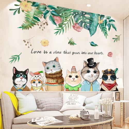 [SHIJUEHEZI] Cats Animals Wall Stickers DIY Green Leaves Plants Wall Decals for Kids Room Baby Bedroom Nursery Home Decoration