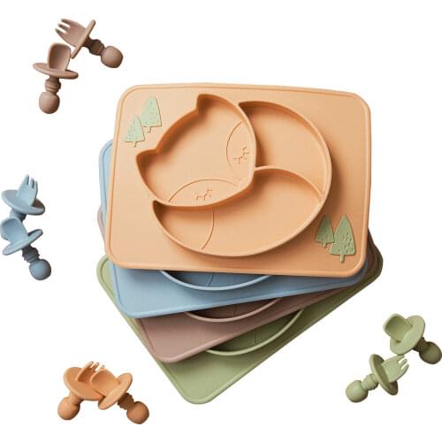Baby Food Bowl Food Grade Silicone Feeding Bowl Dining Plate Solid Cute Cartoon Fox Dishes Suction Toddle Training Tableware Kid