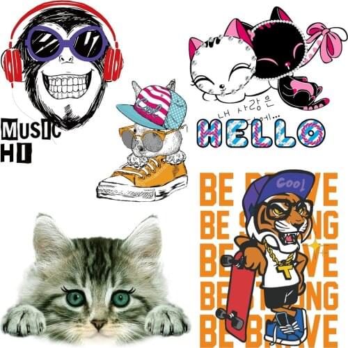 Cute Cartoon Cool Cat Patches Applications DIY Iron on Transfer Patches Thermo Heat on Stickers for Clothes Applique Badges