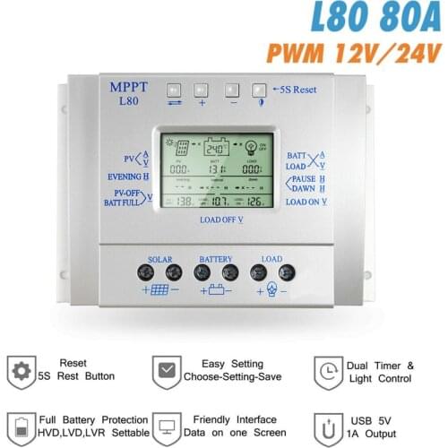 MPPT 60A 80A Solar Charge Controller 12V 24V Solar for Max 48V Input Solar Photovoltaic System Charging USB 5V Output